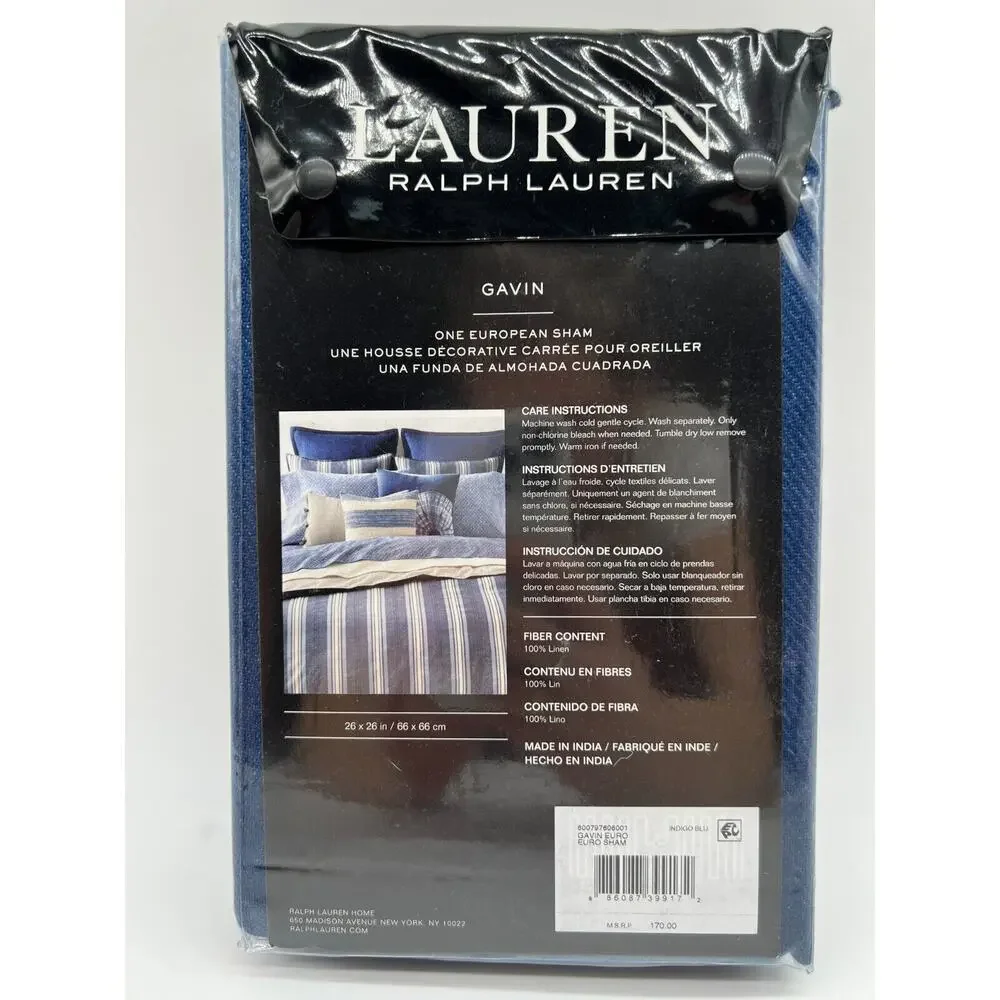Ralph Lauren Gavin One European Sham Indigo Blue 26x26 NWT.,
